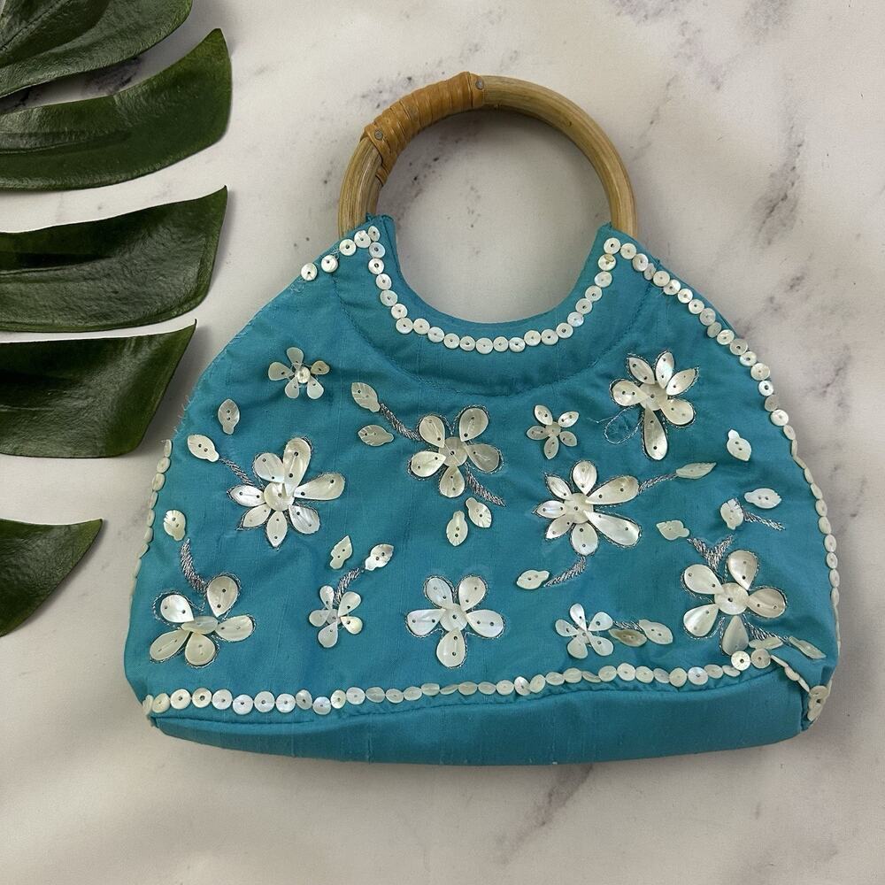 Coldwater Creek Vintage y2k Silk Beaded Purse Bag Blue White Shells Tropical